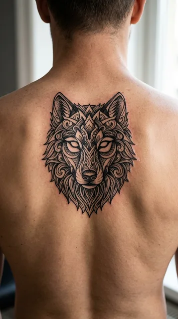 Black and grey ornamental wolf tattoo on a man's back
