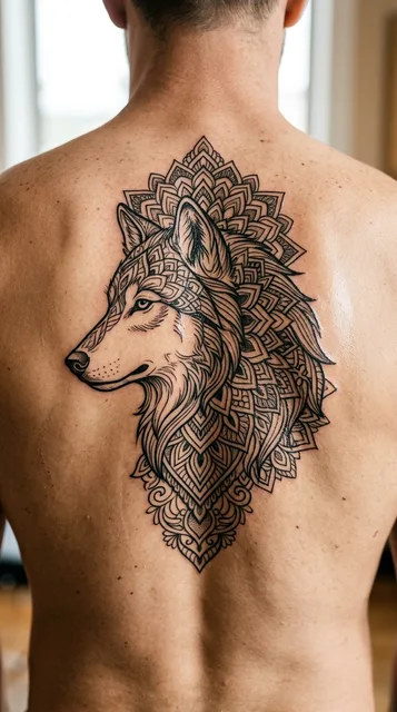 Black and grey ornamental wolf tattoo on a man's back