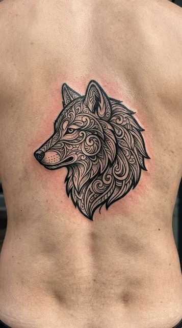 Black and grey ornamental wolf tattoo on a man's back