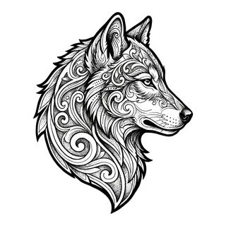 Black and grey ornamental wolf tattoo design, drawn flat for a back tattoo