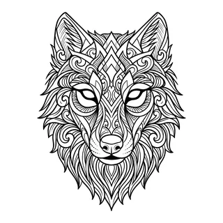 Black and grey ornamental wolf tattoo design, drawn flat for a back tattoo