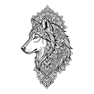 Black and grey ornamental wolf tattoo design, drawn flat for a back tattoo