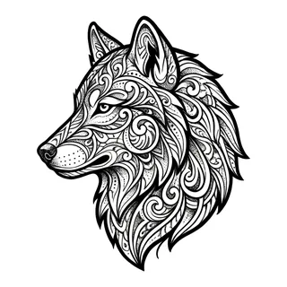 Black and grey ornamental wolf tattoo design, drawn flat for a back tattoo