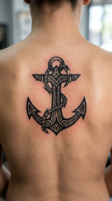 Black and white tribal anchor tattoo on a woman's back