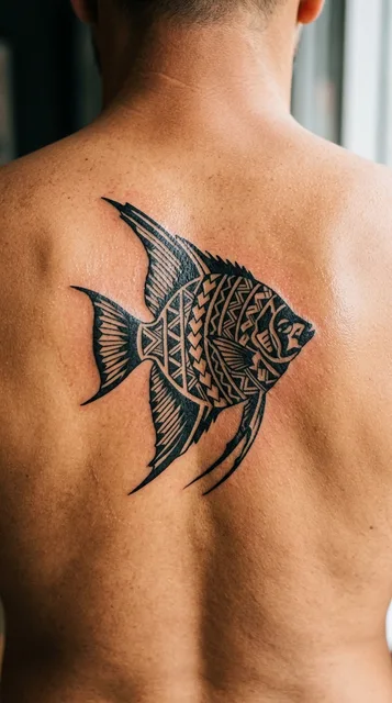 Black and white tribal fish tattoo on a man's back