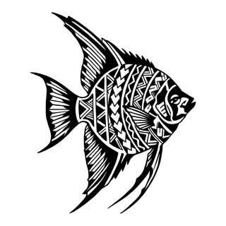 Black and white tribal fish tattoo design, drawn flat for a back tattoo