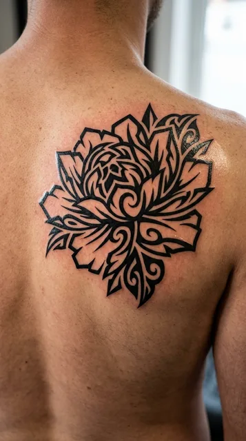 Black and white tribal flower tattoo on a man's back