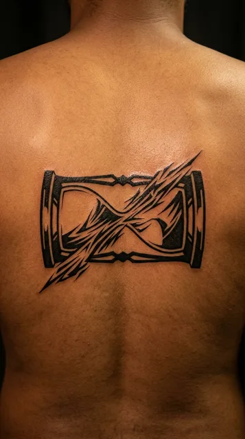 Black and white tribal hourglass tattoo on a man's back