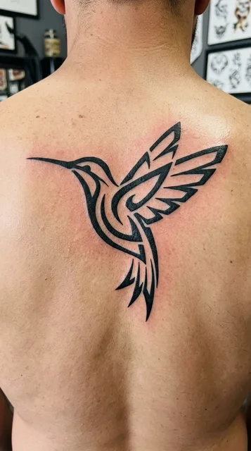 Black and white tribal hummingbird tattoo on a man's back