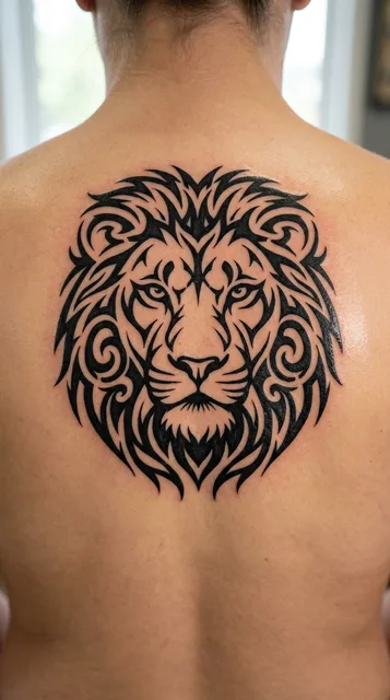 Black and white tribal lion tattoo on a woman's back