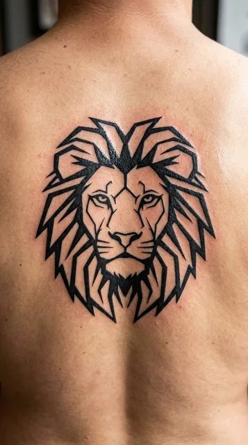Black and white tribal lion tattoo on a man's back (2 of 2)