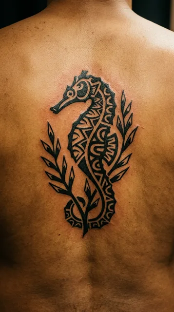 Black and white tribal seahorse tattoo on a man's back