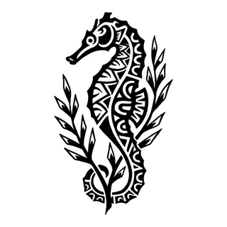 Black and white tribal seahorse tattoo design, drawn flat for a back tattoo