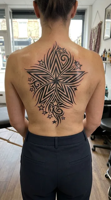 Black and white tribal star tattoo on a woman's back