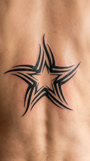 Black and white tribal star tattoo on a man's back (1 of 2)