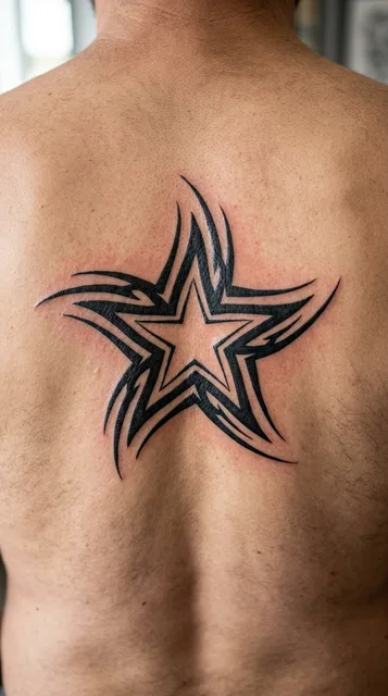 Black and white tribal star tattoo on a man's back (2 of 2)