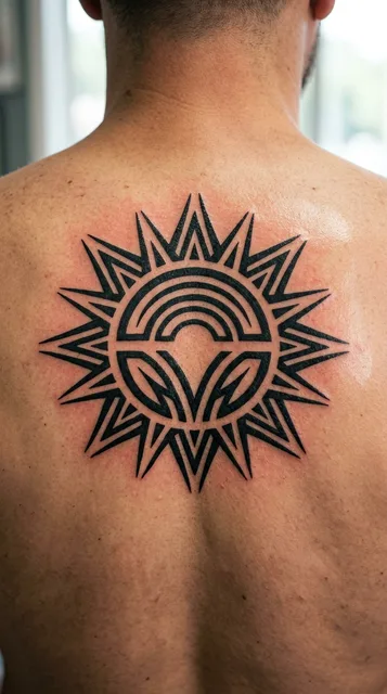 Black and white tribal sun tattoo on a man's back