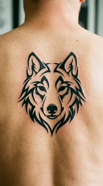 Black and white tribal wolf tattoo on a man's back