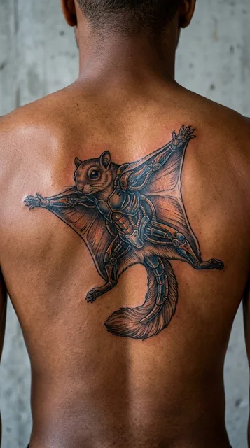 Color biomechanical flying squirrel tattoo on a man's back