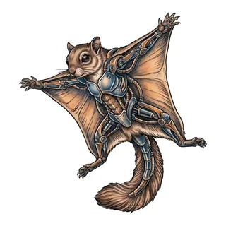Color biomechanical flying squirrel tattoo design, drawn flat for a back tattoo