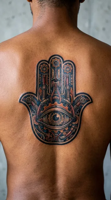 Color biomechanical hamsa tattoo on a man's back