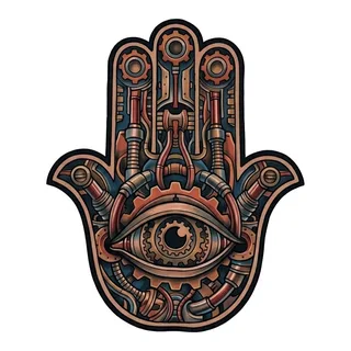Color biomechanical hamsa tattoo design, drawn flat for a back tattoo