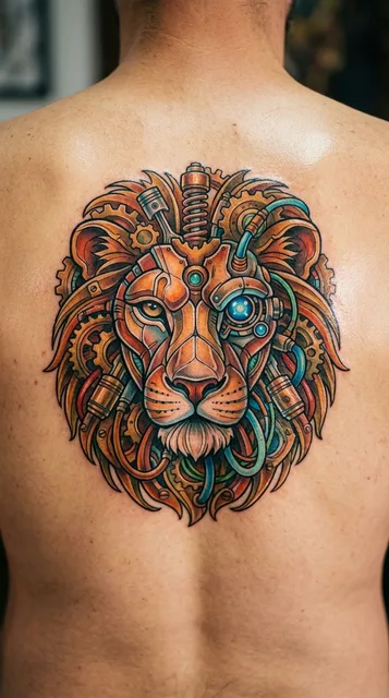 Color biomechanical lion tattoo on a man's back