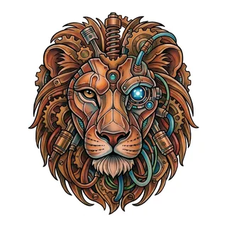 Color biomechanical lion tattoo design, drawn flat for a back tattoo