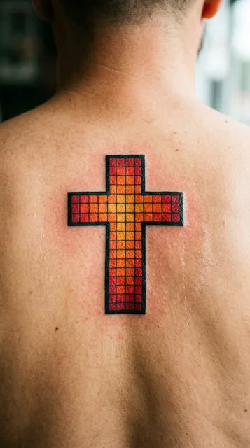 Color geometric cross tattoo on a man's back