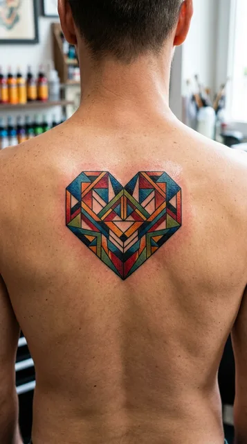 Color geometric heart tattoo on a man's back