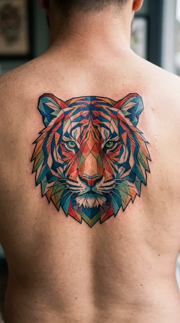 Color geometric tiger tattoo on a man's back