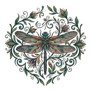 Color illustrative dragonfly tattoo design, drawn flat for a back tattoo