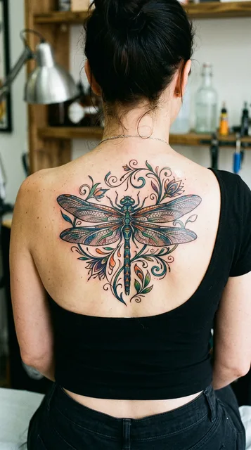 Color illustrative dragonfly tattoo on a woman's back
