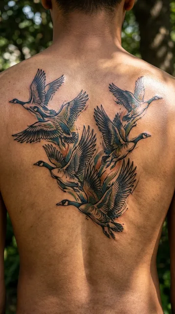 Color illustrative goose tattoo on a man's back