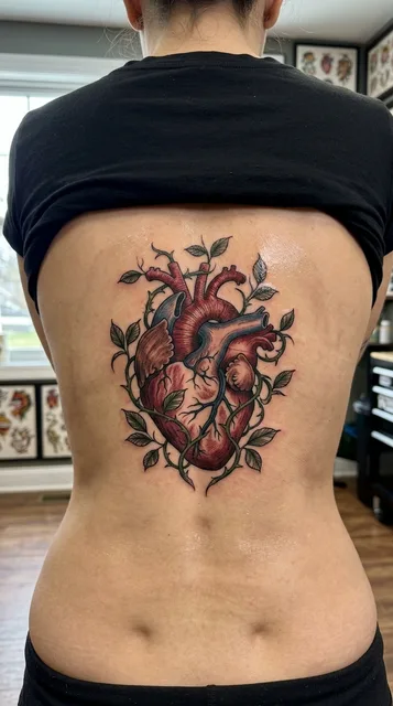 Color illustrative heart tattoo on a woman's back