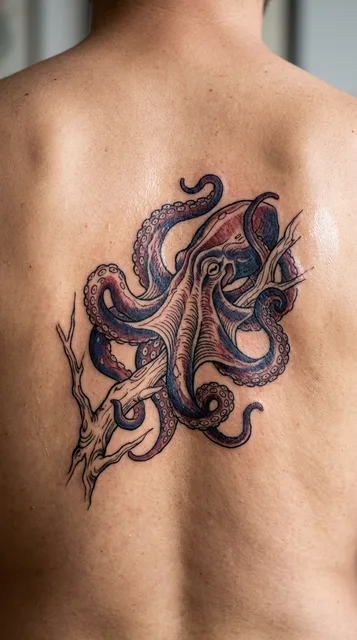 Color illustrative octopus tattoo on a man's back
