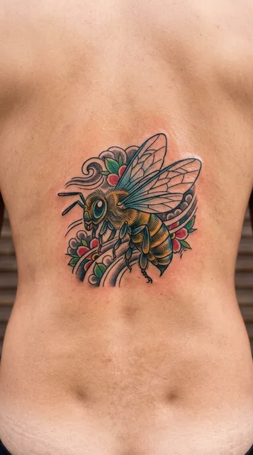 Color Japanese bee tattoo on a man's back