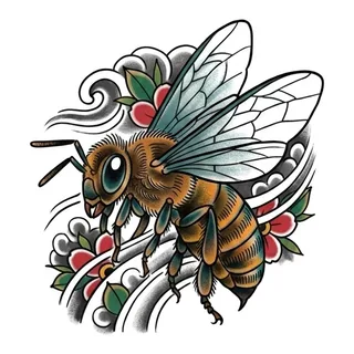 Color Japanese bee tattoo design, drawn flat for a back tattoo