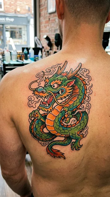 Color Japanese dragon tattoo on a man's back
