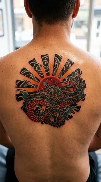 Color Japanese dragon tattoo on a man's back (1 of 2)