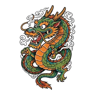 Color Japanese dragon tattoo design, drawn flat for a back tattoo