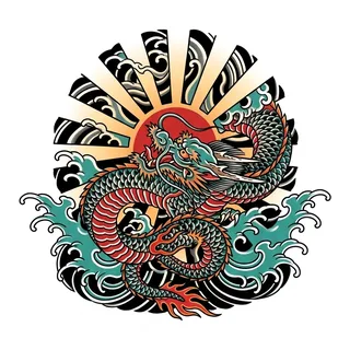 Color Japanese dragon tattoo design, drawn flat for a back tattoo (1 of 2)