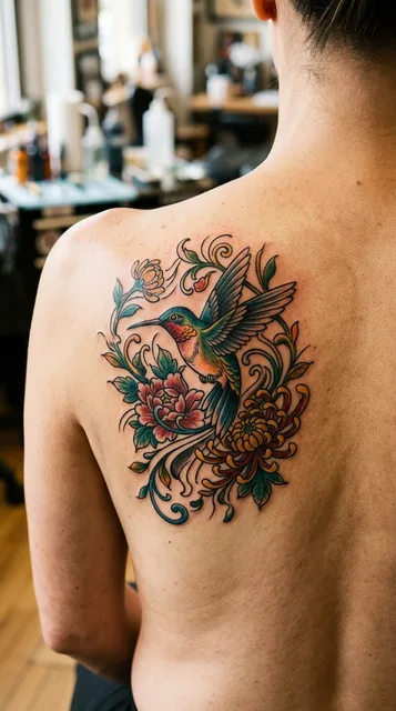 Color Japanese hummingbird tattoo on a woman's back