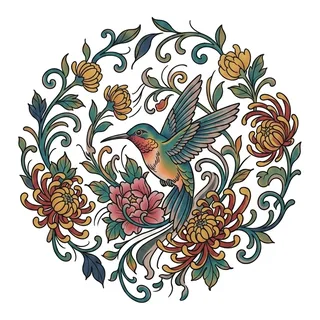 Color Japanese hummingbird tattoo design, drawn flat for a back tattoo