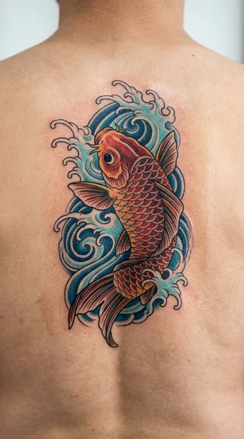 Color Japanese koi tattoo on a man's back