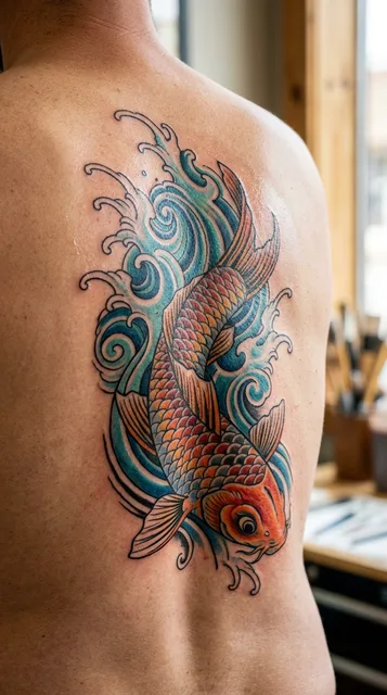 Color Japanese koi tattoo on a man's back