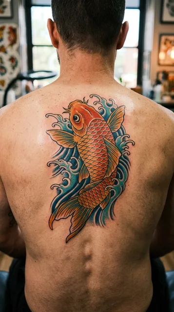 Color Japanese koi tattoo on a man's back