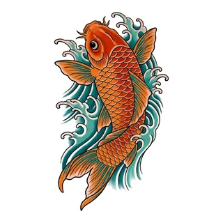 Color Japanese koi tattoo design, drawn flat for a back tattoo
