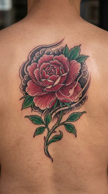 Color Japanese rose tattoo on a man's back (1 of 2)