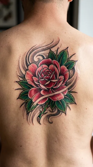 Color Japanese rose tattoo on a man's back (2 of 2)